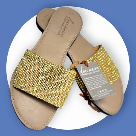 🆕 Boho Luxe Crystal Slides Deux Mains Handmade Haiti 100% Leather Eco Sandals - Picture 14 of 14